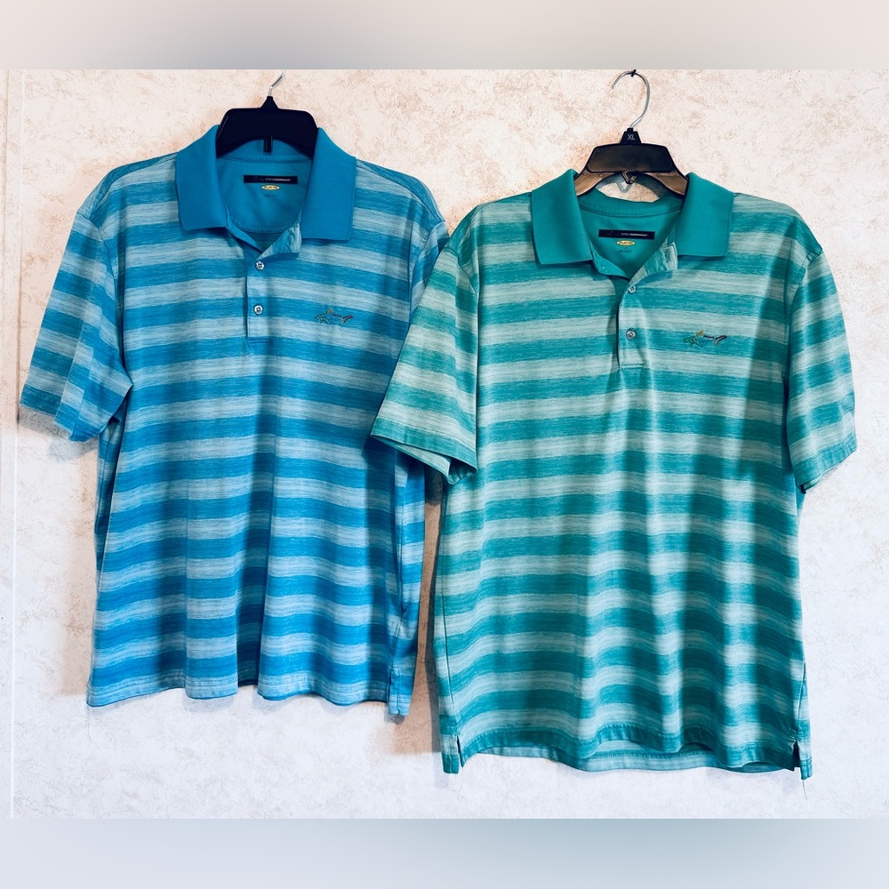 Greg Norman Shark Lot of Two Golf Polo Shirts Blue Green Size Large Play Dri